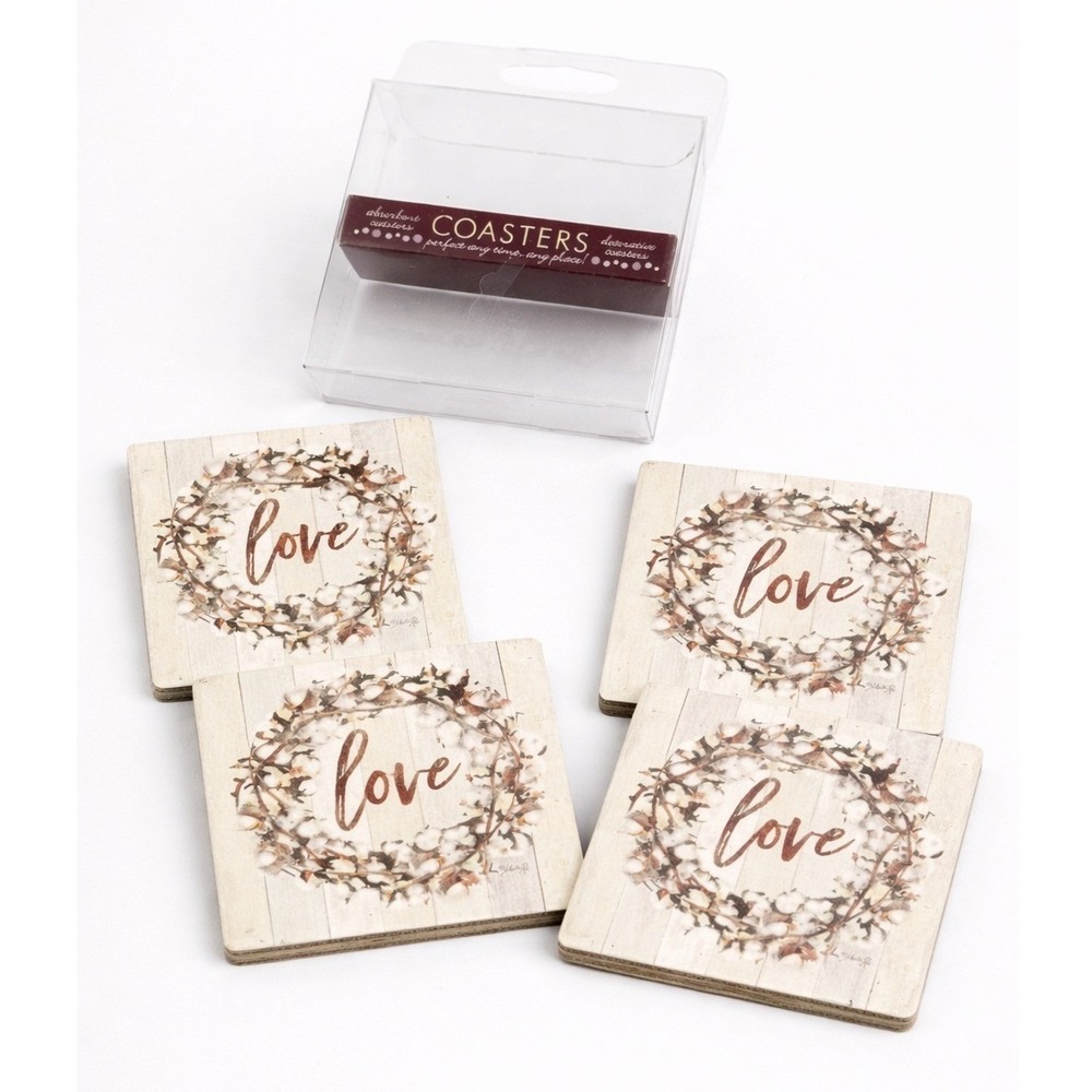 Rustic Farmhouse Love Coaster Set 4 Absorbent Cork Back Wedding Gift Decor